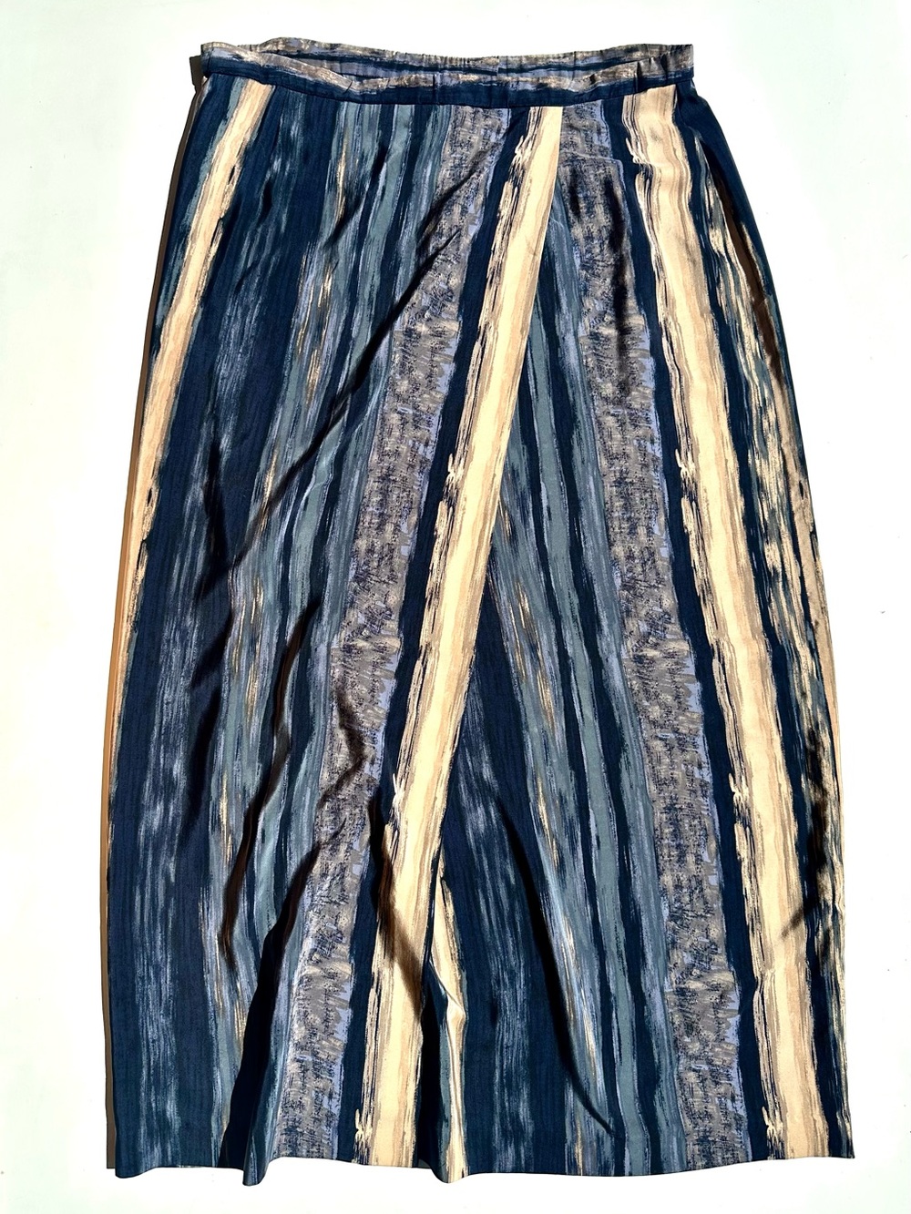 Pendleton 100% Silk Striped Blue and Cream Midi Skirt, Flap, 16